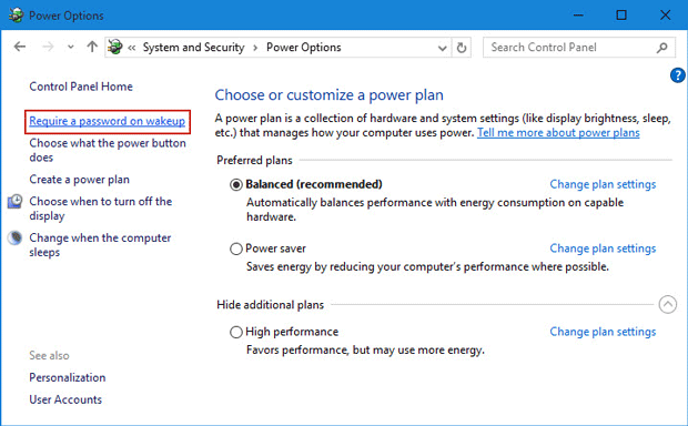 Щелкните Требовать пароль при пробуждении.