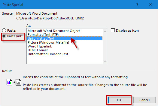 cant paste link in excel 2016