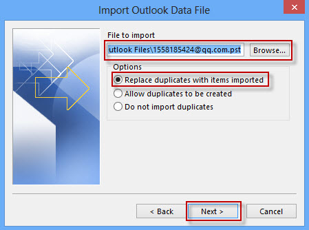 Найдите файл PST для импорта