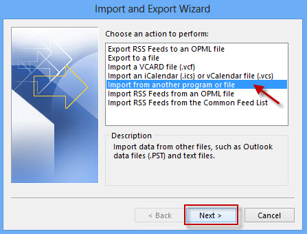 Выберите Импорт из другой программы или файла.