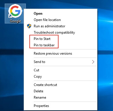 Pin to Start or taskbar