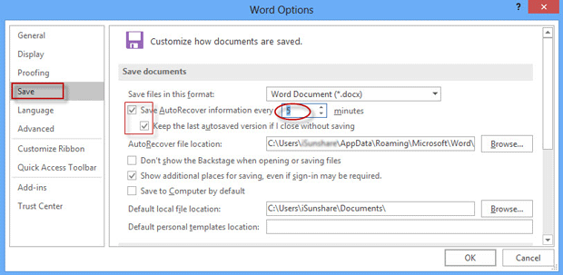 Set autosave in Word 2016