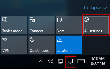 Click All settings in Action Center