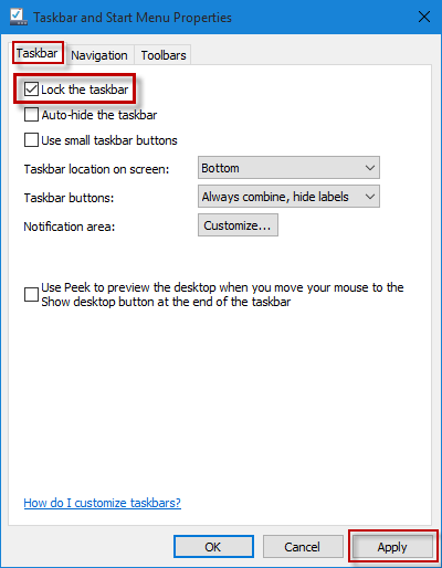 Check the box next to Lock the taskbar