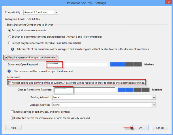 Set Document Open and Permissions Passwords