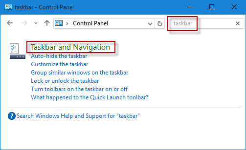 Type taskbar in Control Panel