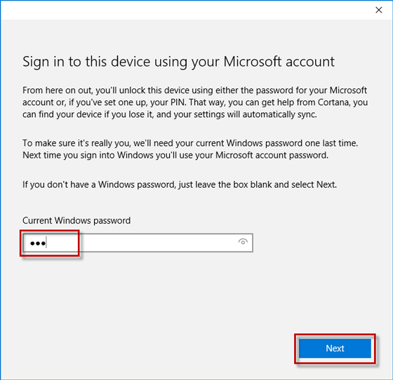 Enter current windows password