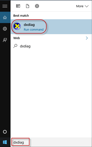 Search dxdiag in start menu