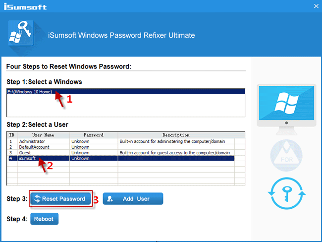 Select user and click Reset Password