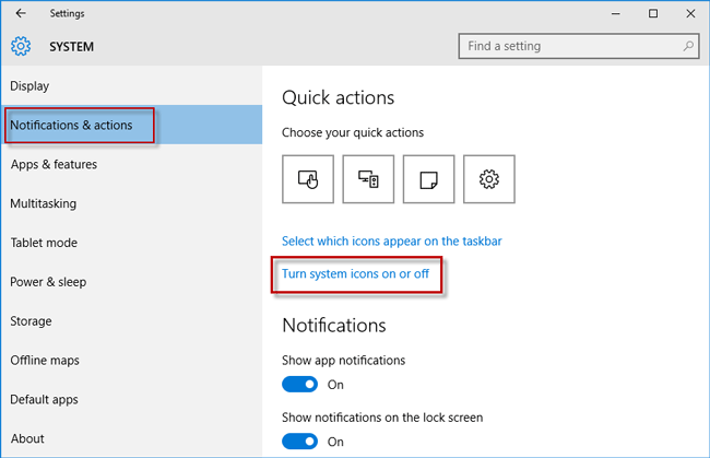 Click turn system icons on off