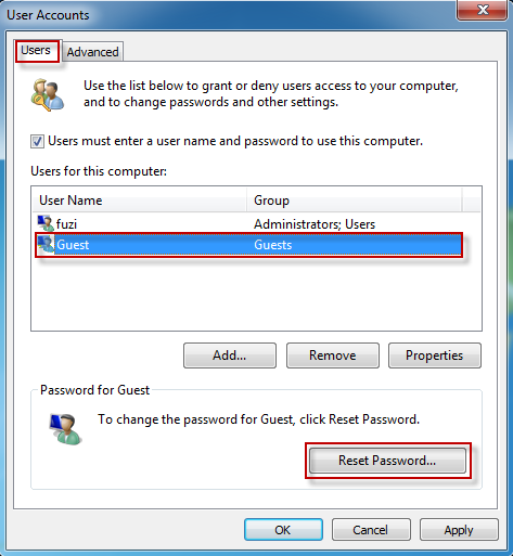 Select Guest and click Reset Password
