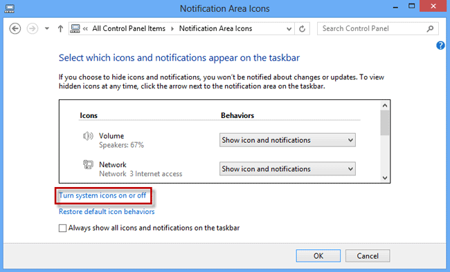 Click Turn system icons on or off