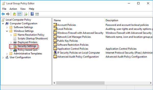 Select security settings