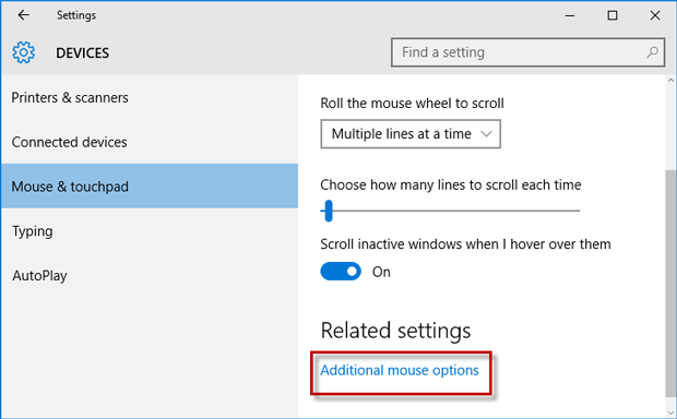 Click Additional mouse options