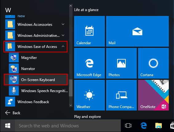 Find OSK from Start menu