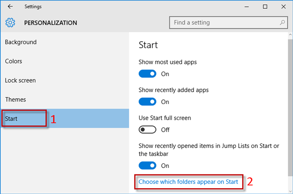 Click Choose whick folders appear on start