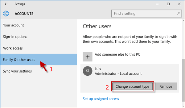 Click Change account type button