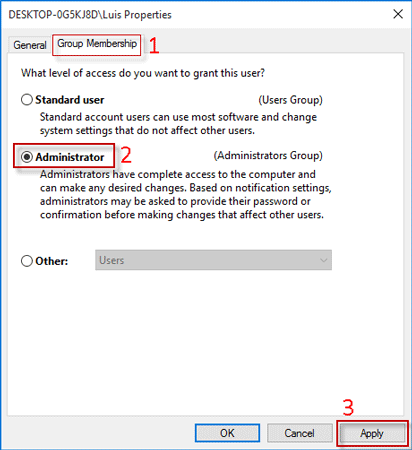 Select Standard user or Administrator