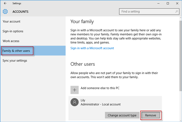 remove account windows 10