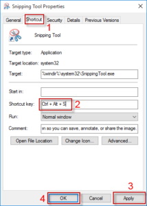 create shortcut key for snipping tool windows 10