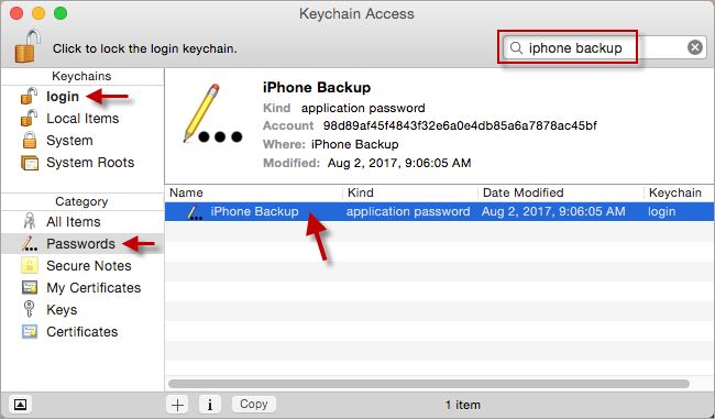 Find iPhone Backup in Keychain