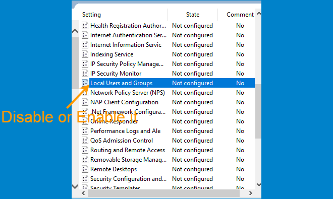 disable or enable local users and groups