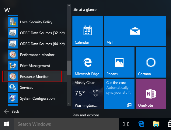 Find resource monitor in start menu