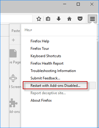 Click Restart with add-ons disabled