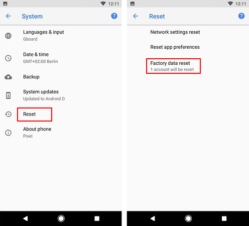 Factory reset data in Android phone