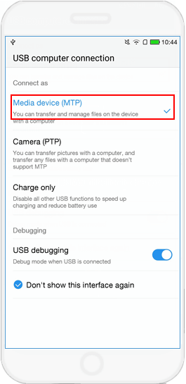 set Android phone connected as media device