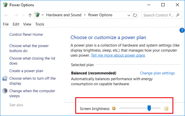 Change screen brightness on control Panel