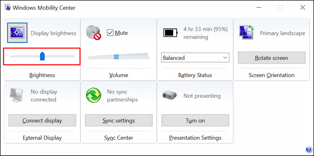 Change screen brightness on Windows Mobility Center