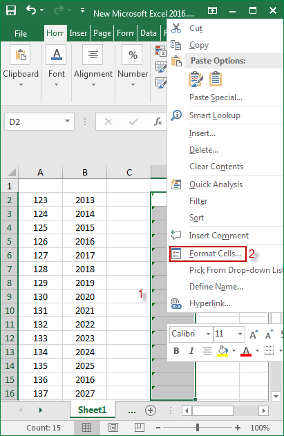 right click the cells with data