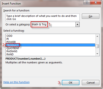 select PRODUCT function