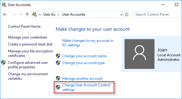 change user account control settings