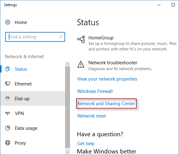 click network and sharing center option