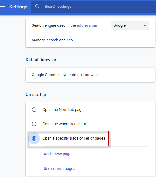 click open a specific page or set of pages option