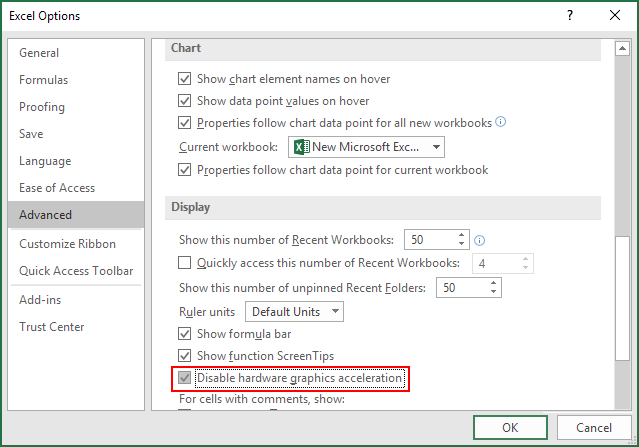 Disable Excel Hardware Graphic Acceleration