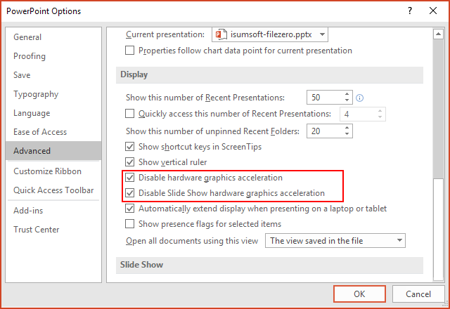 Disable Slide Show Hardware Graphic Acceleration