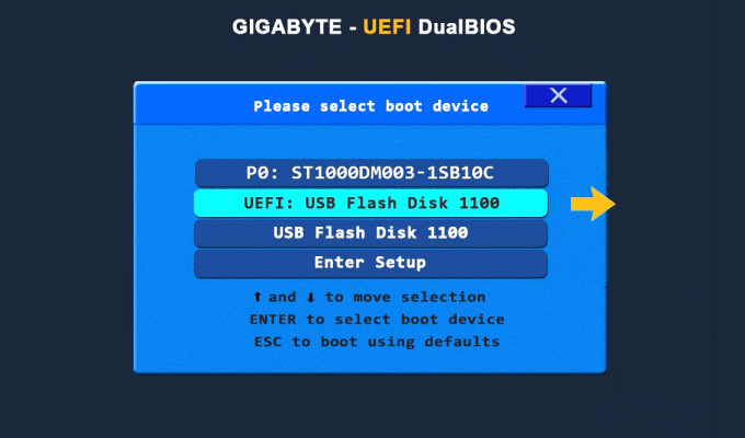 Select USB disk as boot device
