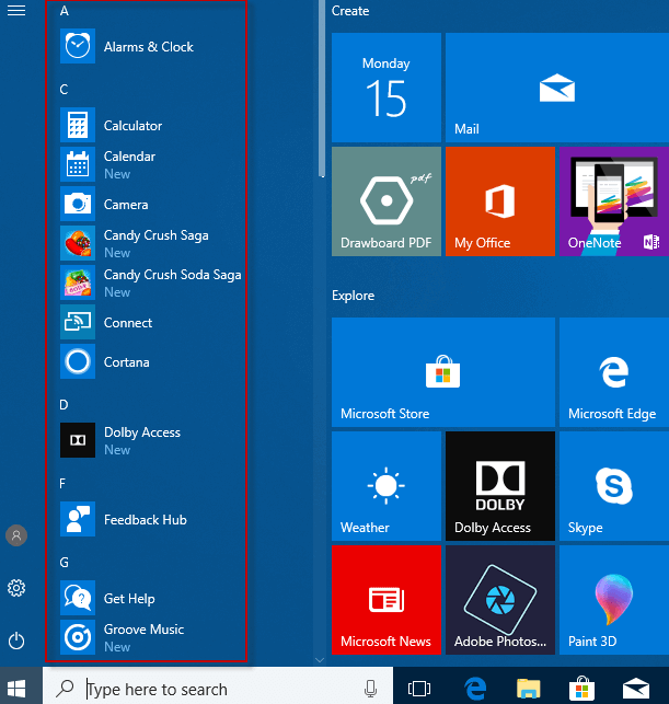 default all apps list displayed on start menu