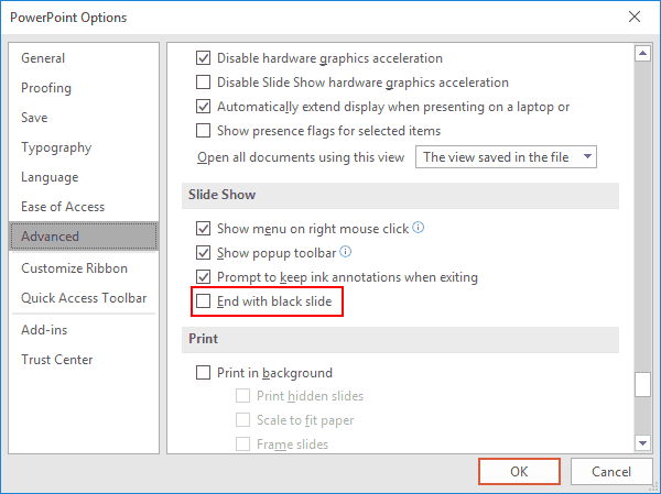 Отключить PowerPoint End с черным слайдом