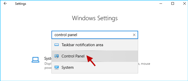 search control panel in Windows Settings