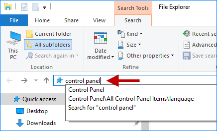 search control panel in file explorer