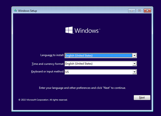 Pantalla de configuración de Windows