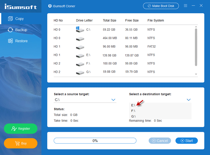 select a destination target