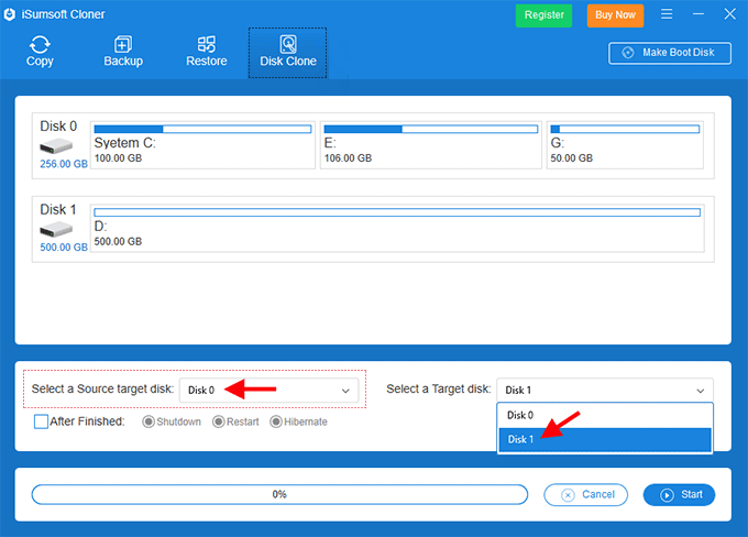 Select disk to clone