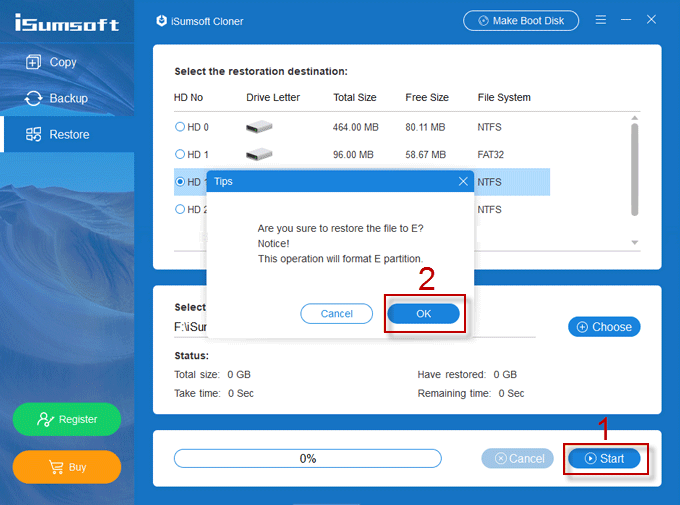 start restoring backup file