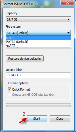 select NTFS format