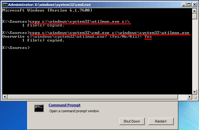 replace utilman.exe with cmd.exe